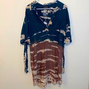 Medium J.Gee Vintage Teal Brown Tie Dye 3/4 Sleeve Collar Tunic With Buttons